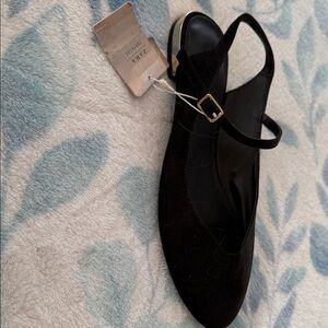 ZARA Black Suede Pointed Slingback Flats with Gold Buckle and heel.